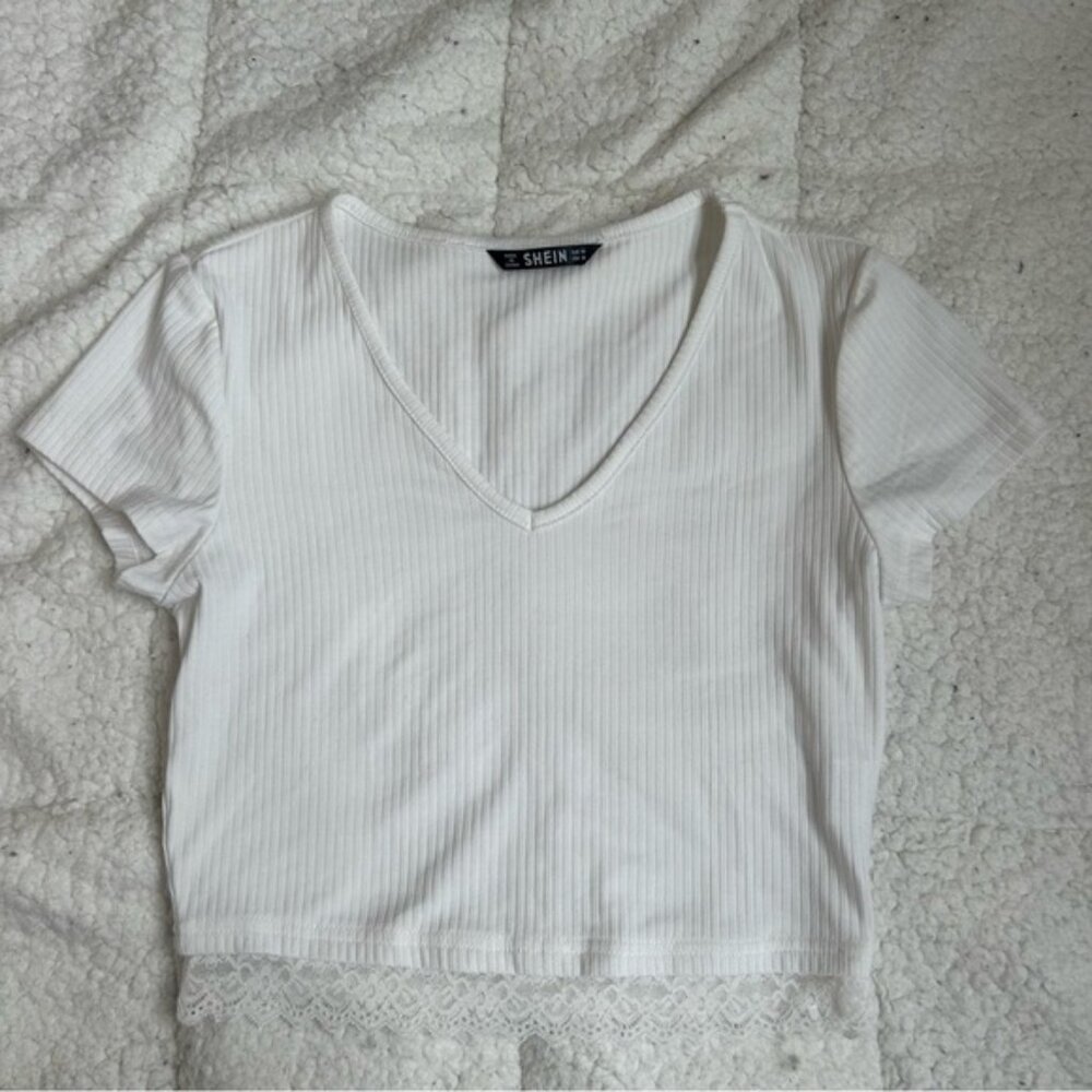 SHEIN White Ribbed Crop T-Shirt with Lace